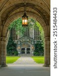 Archway at the Law Quadrangle, the campus of the University of Michigan Law School in Ann Arbor. In the background you can see the entrance to the reading room.