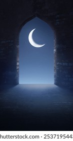 Archway of mosque door with shining crescent moon light through it. Islamic religion, Ramadan kareem, or Eid Al Fitr background