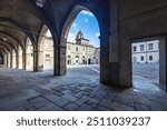 Archway at Piazza Cittadella square in Bergamo Upper City, Italy, Europe.