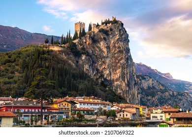 Arco city with castle on rocky cliff in Trentino Alto adige - province of Trento - Italy landmarks . - Shutterstock ID 2107069322