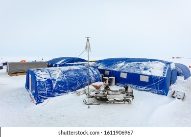 Arctic Background. Base Polar Explorers. Camping Tents Of Expedition To The North Pole. Development Of The Arctic. Special Equipment For Life Support In Extreme Polar Conditions.