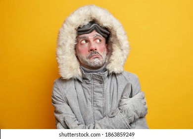 Arctic Challenge. Frozen Man Trembles During Extreme Freeze During Winter Looks Above Wears Warm Jacket Has Red Face Covered With Hoarfrost Poses Against Yellow Background. Norwegian Adventure