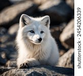 Arctic fox stands next to stones in the snow