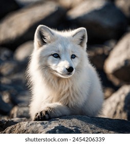 Arctic fox stands next to stones in the snow