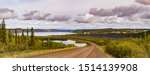 Arctic landscape around Dempster Highway aproaching small town of Tsiigehtchic at shore of Mackenzie River, Northwest Territories, NWT, Canada