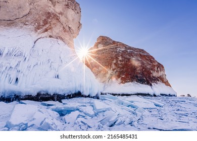 Arctic Landscape Glacier Frozen Snow Lake Baikal Or Antarctica Extreme With Sun Light.