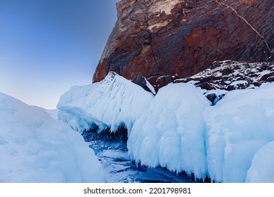 Arctic Landscape Glacier Lake Baikal Frozen Snow Or Antarctica Extreme With Sun Light.