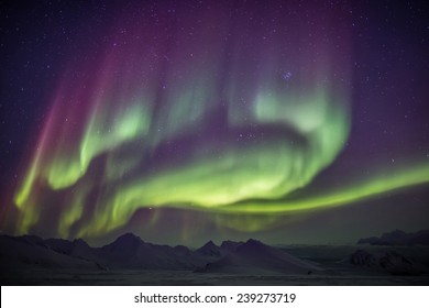 Arctic Landscape With Northern Lights - Spitsbergen, Svalbard