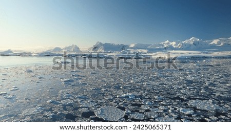 Arctic landscape in sunny day, snow covered mountains and ice water ocean. Antarctica winter landscape, global warming problem. Desert white land of snow and ice. Aerial drone flight over wild nature