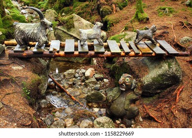 Ardal, Norway - June 15, 2018: Three Billy Goats Gruff, Characters Of Old Norwegian Tales. Sculpture In Eventyrskogen, The Fairytale Forest Near Ardal In Ryfylke.