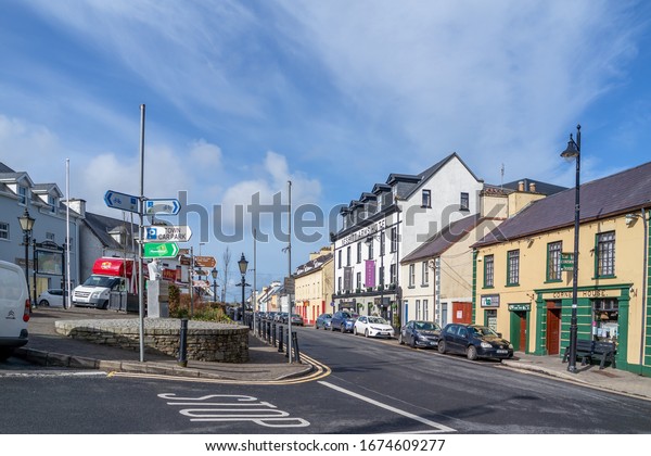 ARDARA, COUNTY DONEGAL /\
IRELAND - MARCH 13 2020 : Ardara town is still busy during the\
Corona outbreak.