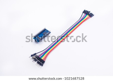 arduino nano board jumper rainbow cable stock photo (edit nowarduino nano board jumper rainbow cable on isolated white background electronic circuit hardware soft
