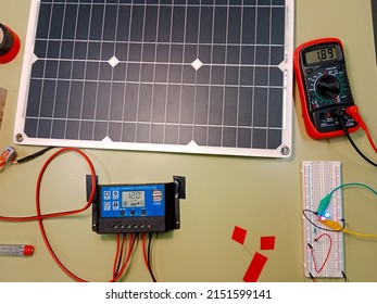 Arduino project powered through energy from small solar panels. Voltmeter uses for mesuring voltage from little photovoltaic panel. Charge  regulator, battery, tester, Led, insulating tape.