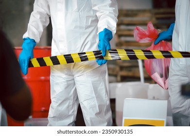 Area Closed or Keeping Area with Barrier Tape for Chemical Spill Clean-up, Dangerous Zone, Part of Steps for Dealing with Chemical Spillage, Spill Clean-up Procedures.