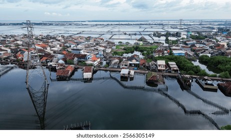 An area in Demak, Central Java, Indonesia, experiences daily tidal flooding, leading to land erosion and the destruction of houses. This is a direct impact of climate change and global warming.