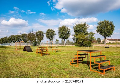 Area equipped for dog training. Dog training in a fenced area.
Obstacle courses with tunnels, steep ramp, slides, poles and high jump. Horizontal view. - Powered by Shutterstock