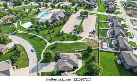 Areal Drone View Of A Midwest Suburban Neighborhood In Summer