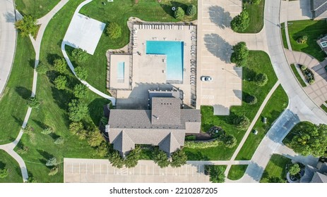 Areal Drone View Of A Midwest Suburban Neighborhood In Summer