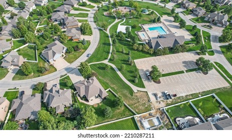 Areal Drone View Of A Midwest Suburban Neighborhood In Summer