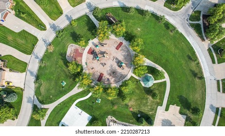 Areal Drone View Of A Midwest Suburban Neighborhood In Summer