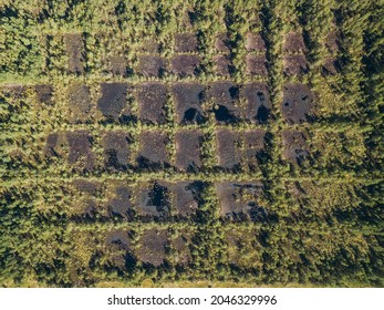 Areal View Of Bog Where Peat Was Once Extracted. Panes That Look Like Checkers Or A Chess Board.