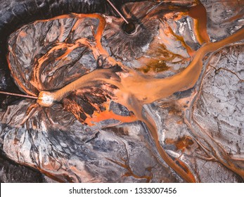 Areal View Of Coal Ash Slurry From A Of Thermal Power Plant Flowing In To A Storage Lake