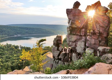 Areal View On The South Shore Beach And Lake From Rocky Ice Age Hiking Trail During Sunset. Devil's Doorway Location. Devil's Lake State Park, Baraboo Area, Wisconsin, Midwest USA.