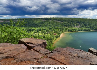 Areal View On South Shore Beach From Rocky Ice Age Hiking Trail. Summer Landscape In Devils Lake State Park, Baraboo Area, Wisconsin, USA. Nature Background. Nature Of Midwest, Wisconsin.