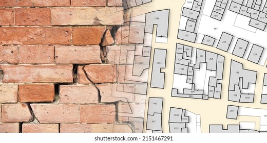 Areas of the city with subsidence phenomena that damage buildings - concept with an imaginary city map and cracked brick wall