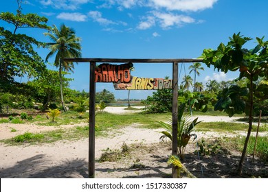 Arembepe, Brazil - Circa September 2019: Sign written "Janis Joplin Ranch" at the hippie village - Janis Joplin visited the village in the 60's