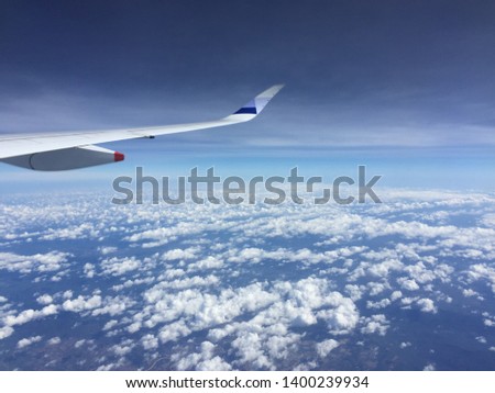 Areoplane wing in blue sky & cloudspace