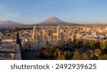 Arequipa, Peru: Panoramic view of the Basilica Cathedral of Arequipa and the Plaza de Armas in the colonial old town in Peru at sunset