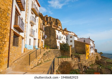Ares del Maestrat (Maestre), Castellon province, Valencian Community, Spain - April 2021. Beautiful historic medieval village on top of a rocky hill (Mola d'Ares), overlooking the Maestrazgo region.