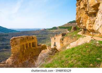 Ares del Maestre, Castellon province, Valencian Community, Spain - April 2021. Beautiful historic medieval village on top of a rocky hill (Mola d'Ares). Arab walls and Iberian vestiges (castle ruins).