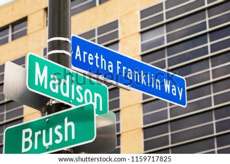 Aretha Franklin Way Sign at Intersection Downtown Detroit, Michigan (corner Madison and Brush). Selective focus.