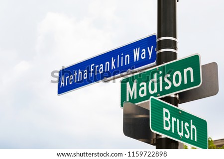 Aretha Franklin Way Sign at Intersection Downtown Detroit, Michigan (corner Madison and Brush). Selective focus.
