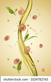 Argan fruits and seeds with a splash of oil an green background
