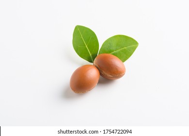 Argan nuts with fresh leave on white background. Close up