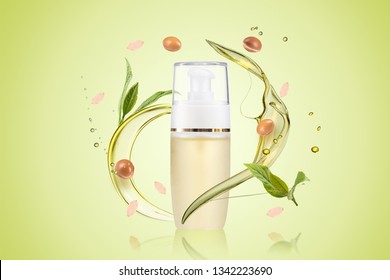 Argan oil bottle with fruits and oil splash on green background composite