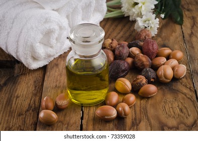 Argan Oil For Massage And Argan Fruit. Spa Mood