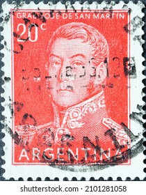 Argentina - Circa 1954: A Post Stamp From The Argentina Showing A Portrait Of The General And Freedom Fighter José Francisco De San Martín (1778-1850)