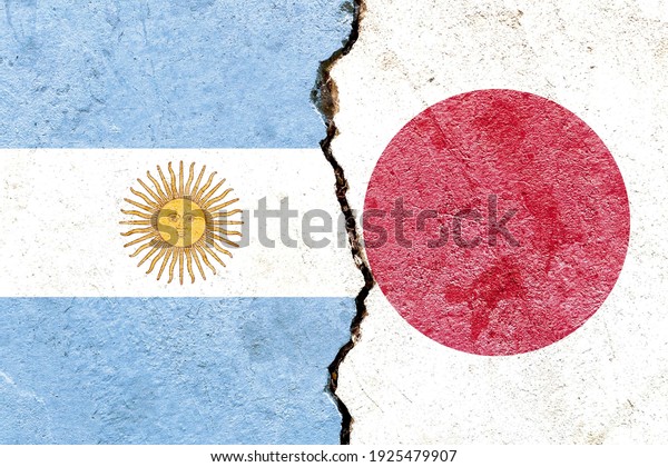 Argentina vs Japan national flags icon pattern\
isolated on broken weathered cracked wall background, abstract\
Argentine Japan politics relationship friendship conflicts concept\
texture wallpaper