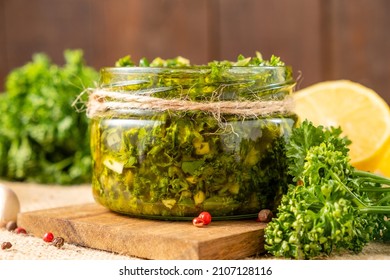 Argentinean Traditional Chimichurri Sauce Made From Herbs And Butter.