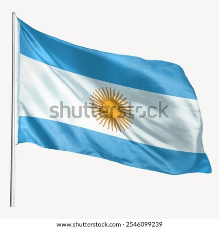 Argentinian flag waving in the wind. Blue and white stripes with a golden sun. National symbol of Argentina. Flag of Argentina on a pole. Argentina national flag. Flag of Argentina.