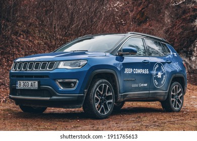 Arges, Romania - February 15 2020: Jeep Compass Limited front end, grill, headlights and wheel details