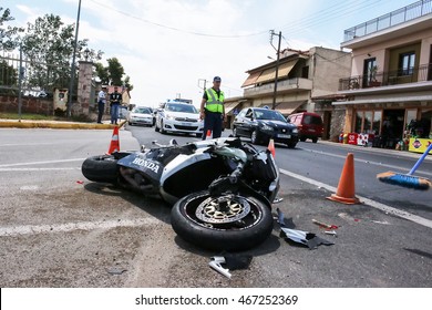 Argolida, Greece - May 15, 2016: traffic accident between a car and a motorcycle large displacement on country roads