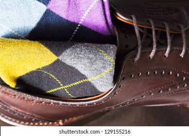 Argyle Sock At The Top Of Leather Shoe