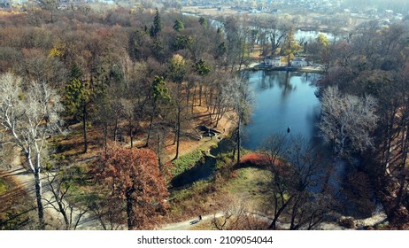 Arial Drone View Flight Over Lake In Park On Sunny Autumn Day. Flying Over Surface Of Water, Trees Fallen Leaves And Walking People In Public City Park Area. Urban Landscape With Architecture Fountain