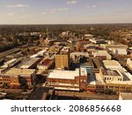Arial photography of Downtown Hattiesburg Mississippi cityscape.
