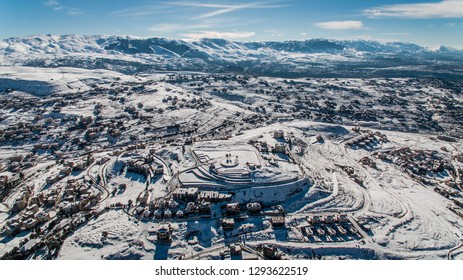 Arial Shot Of Snowy Mountains In Lebanon